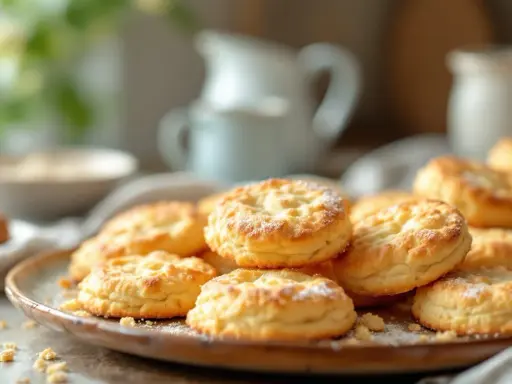 Gros plan sur des sablés bretons moelleux saupoudrés de sucre glace sur une assiette.