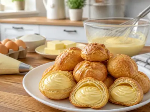 Des choux à la crème dorés, certains coupés pour révéler leur garniture onctueuse. Des ingrédients de pâtisserie sont disposés autour, prêts pour la prochaine fournée.