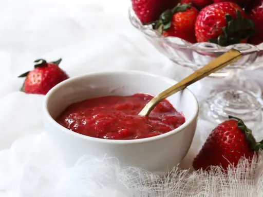 Un bol de compotée de fraise pour gâteau, prêt à être dégusté. Des fraises fraîches sont disposées autour.