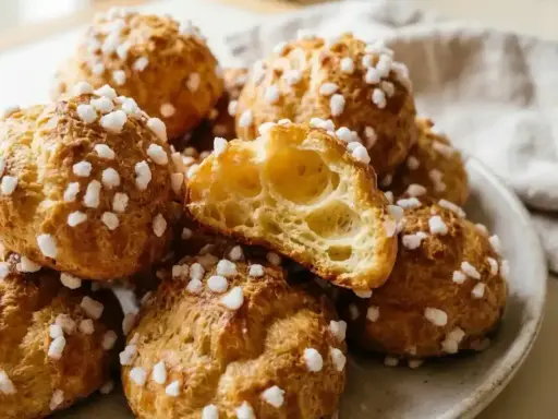 Chouquettes traditionnelles dorées, parsemées de sucre perlé. Une bouchée légère et aérienne, parfaite pour accompagner votre recette chouquette traditionnelle.