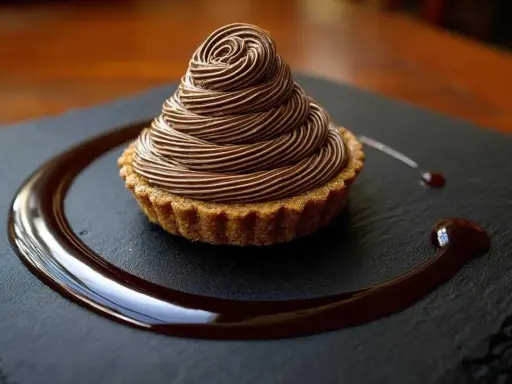 Délicieux Mont Blanc au chocolat, une recette gourmande à essayer. La crème onctueuse forme un cône parfait sur la tartelette.