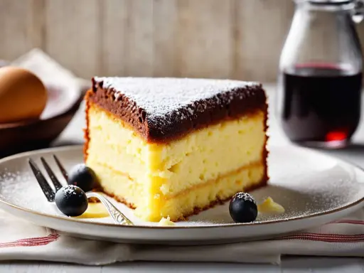Tranche de gâteau génoise légère, garnie de chocolat et saupoudrée de sucre glace, accompagnée de baies et d'une touche de crème.