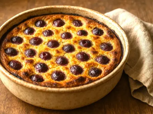 Un clafoutis aux cerises moelleux, doré et gourmand, prêt à être dégusté. Une recette simple pour un dessert parfait.
