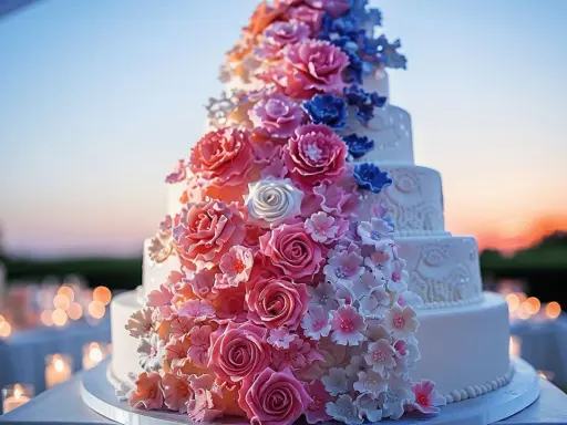 Un magnifique gâteau à étages orné de roses et de fleurs roses, bleues et blanches. Une recette gâteau original pour un événement spécial.