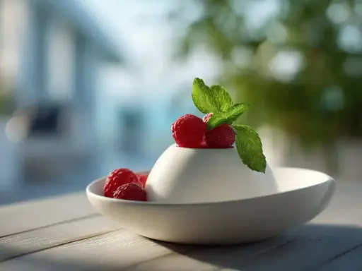 Délicieux panna cotta au lait sans crème, garni de framboises fraîches et d'une feuille de menthe, servi dans un bol blanc sur une table en bois.