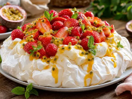 Pavlova aux fruits rouges et fruits de la passion, une recette estivale parfaite.