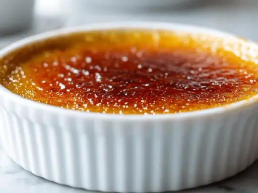 Crème brûlée dans un ramequin blanc, sa croûte caramélisée brillante témoigne d'une cuisson parfaite.