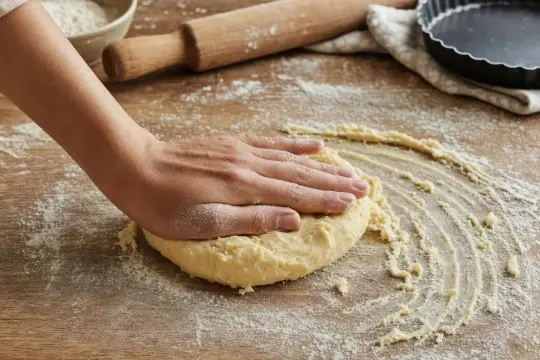 Main d'une personne travaillant une pâte sucrée sur une table en bois, entourée de farine, d'un rouleau et d'un moule à tarte.
