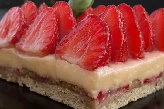 Une tranche de tarte aux fraises rectangulaire, garnie de crème pâtissière et de fraises fraîches, prête à être dégustée.