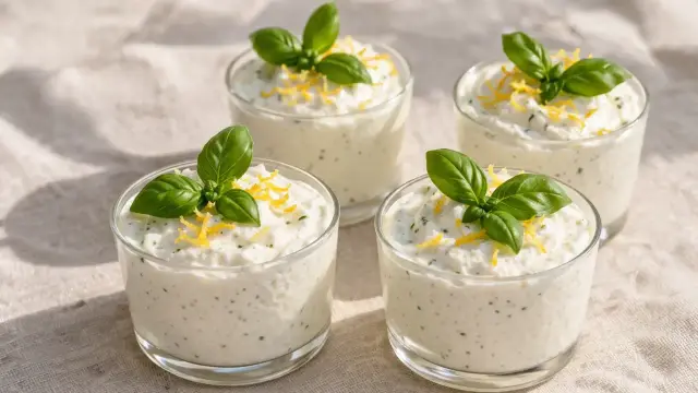 Quatre verrines de mousse au citron, garnies de basilic frais et de zestes de citron.