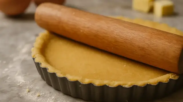 Rouleau à pâtisserie sur une pâte sablée dans un moule, prête pour la cuisson. Des œufs et du beurre sont visibles en arrière-plan.