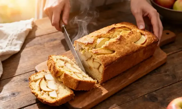 Un quatre-quarts aux pommes moelleux et parfumé, prêt à être dégusté. La meilleure recette pour un goûter réconfortant.
