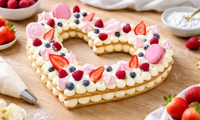 Un délicieux number cake en forme de cœur, garni de crème, fruits rouges et macarons. Un vrai régal visuel et gustatif !