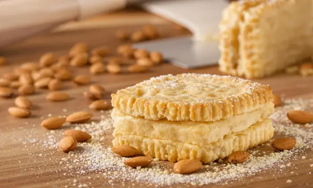 Trois biscuits joconde empilés, saupoudrés de sucre glace, entourés d'amandes sur une planche en bois.