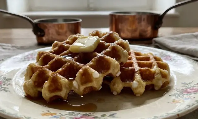 Gaufres dorées, leur texture aérienne révèle la douceur de la pâte à gaufre. Un délice avec du beurre et du sirop.