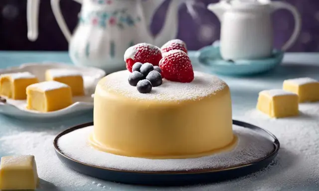 Un délicieux fondant pâtissier, orné de fruits rouges et de myrtilles, est prêt à être dégusté.