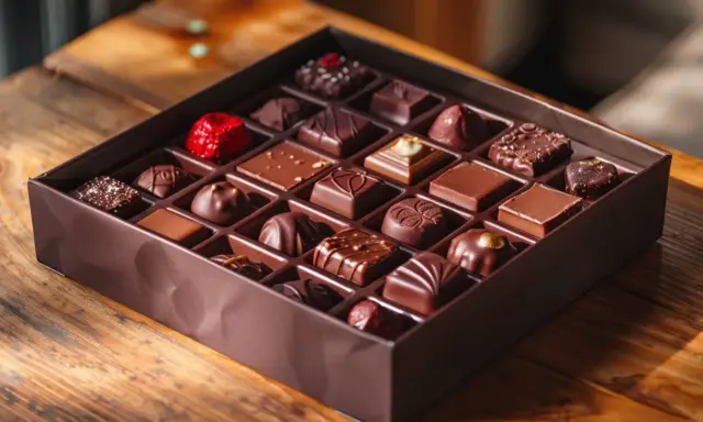 Une boîte de chocolats assortis, chacun un petit bonbon chocolat, est posée sur une table en bois.