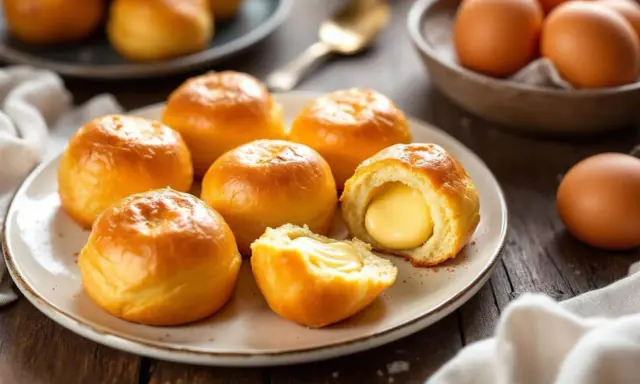 Petits pains dorés, certains coupés révèlent une garniture crémeuse. Ces douceurs rappellent la pâte à choux des éclairs.