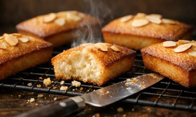 Financiers dorés, parfaits pour une recette traditionnelle. Vapeur s'échappant d'un gâteau à la texture aérée, garni d'amandes effilées.