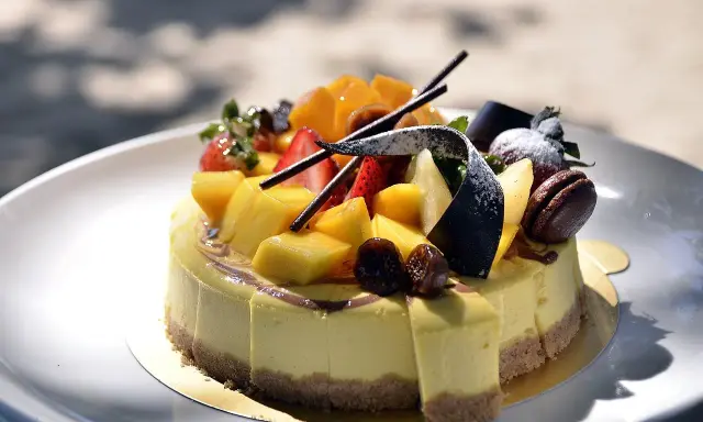 Gâteau crémeux sur un fond biscuit pour gâteau, garni de mangues, fraises, figues et chocolat.
