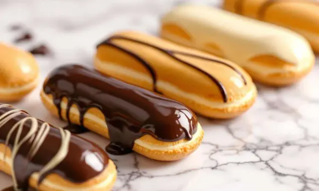 Plusieurs éclairs gourmands, certains au fondant chocolat noir, d'autres au glaçage caramel ou blanc, sur fond marbré.