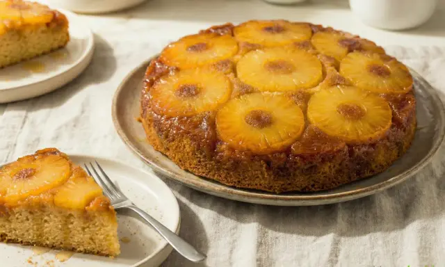 Un gâteau aux ananas facile, doré et caramélisé, avec des tranches d'ananas sur le dessus. Une part est servie sur une assiette avec une fourchette.