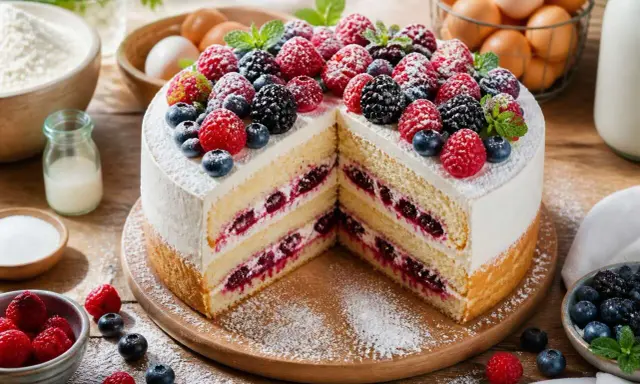 Gâteau à étages décoré de fruits rouges frais, avec des couches de crème et de confiture de baies.