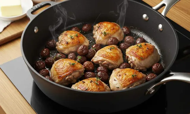 Poulet rôti et marrons en conserve dans une poêle, une idée pour comment cuisiner des marrons en conserve.