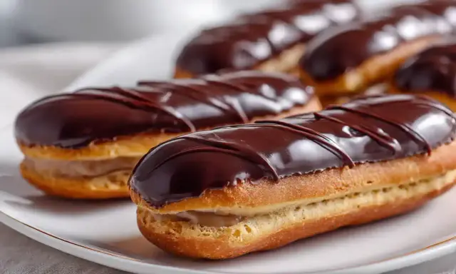 Des éclairs au chocolat, parfaits pour une recette gourmande. La crème pâtissière est généreuse, le glaçage brillant et les lignes de chocolat noir ajoutent une touche d'élégance.