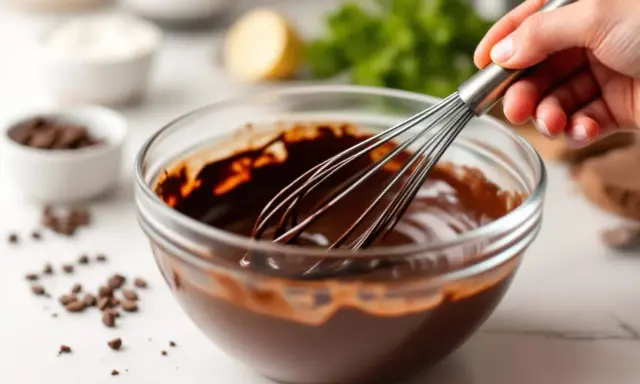 Maintenant, on va faire un bain-marie pour faire fondre ce chocolat. La main mélange doucement la ganache.