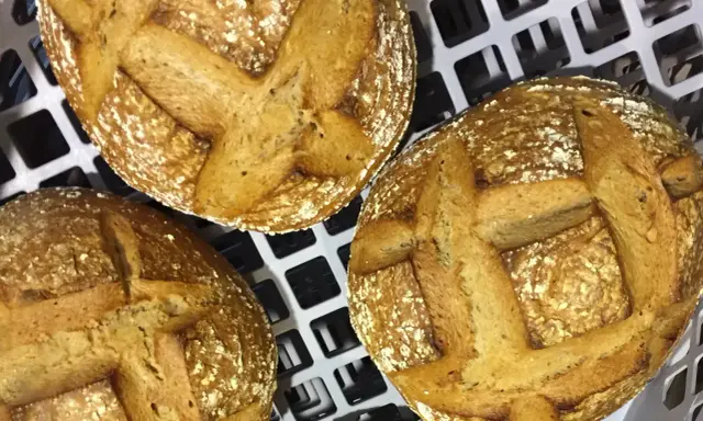 Trois pains au levain dorés, prêts pour la cuisson sur sole. Leurs croûtes craquelées et leurs incisions en croix promettent une texture parfaite.