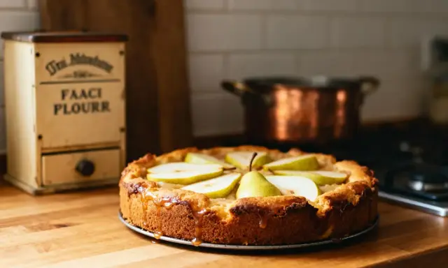 Tarte aux poires au sirop, dorée et appétissante, sur un plan de travail en bois. Un pot en cuivre est visible en arrière-plan.