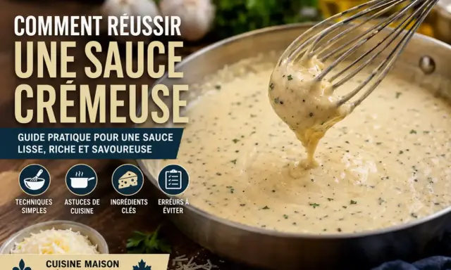 Un fouet soulève une sauce crémeuse et onctueuse d'une poêle. Guide pour réussir une sauce lisse et savoureuse.