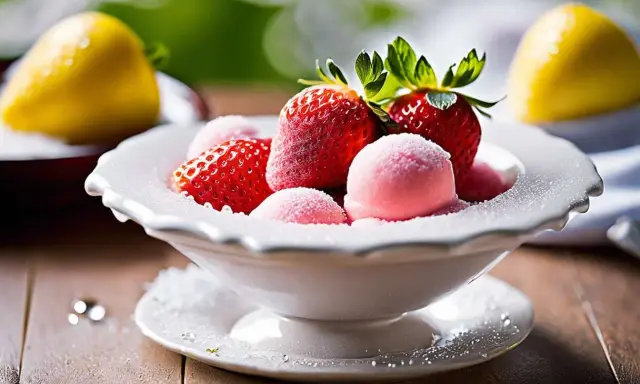 Un bol de sorbet fraise professionnel, garni de fraises fraîches et saupoudré de sucre glace. Un délice estival.