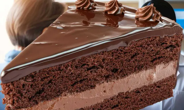 Une part généreuse de gâteau au chocolat, nappée de glaçage brillant et décorée de volutes de crème. Un délice qui rappelle l'opulence d'un opéra gateau.