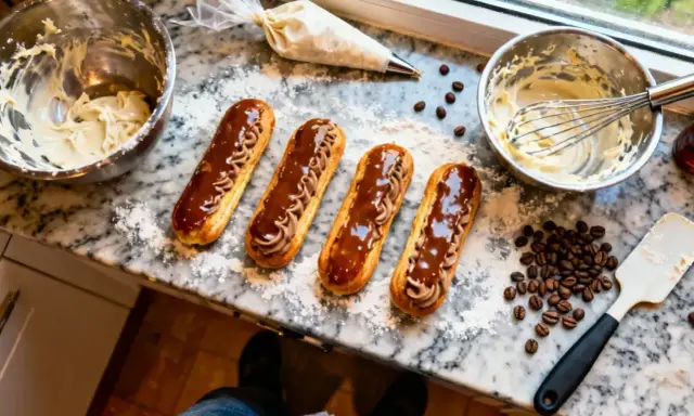Quatre éclairs au café, garnis de crème et nappés de chocolat, sont prêts à être dégustés.