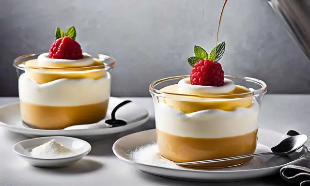 Deux desserts en verrine, une espuma légère, garnie d'une framboise et d'une feuille de menthe. Une recette gourmande.
