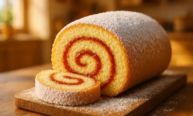 Un gâteau roulé meilleur pâtissier, saupoudré de sucre glace, avec une spirale de confiture rouge. Un délice visuel et gustatif.