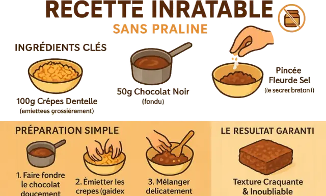 Recette facile pour un croustillant de crêpes dentelle et chocolat noir. Ingrédients : crêpes dentelle émiettées, chocolat fondu, fleur de sel. Préparation simple.