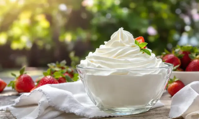 Un bol de crème chantilly qui tient longtemps, garni d'une fraise et d'une feuille de menthe, entouré de fraises fraîches.