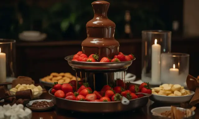 Fontaine à chocolat en action, entourée de fraises fraîches et de guimauves. Une recette gourmande pour un dessert inoubliable.