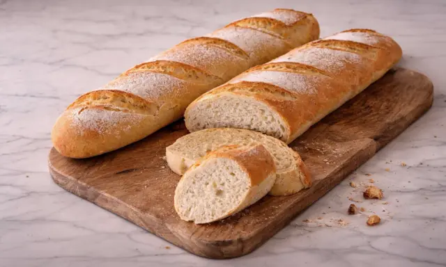 Deux baguettes dorées, tout juste sorties du four, reposent sur une planche en bois. Une est coupée en tranches, révélant une mie aérée.