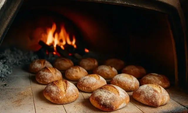 Des pains dorés attendent leur temps de cuisson du pain au four, avec des flammes vives en arrière-plan.