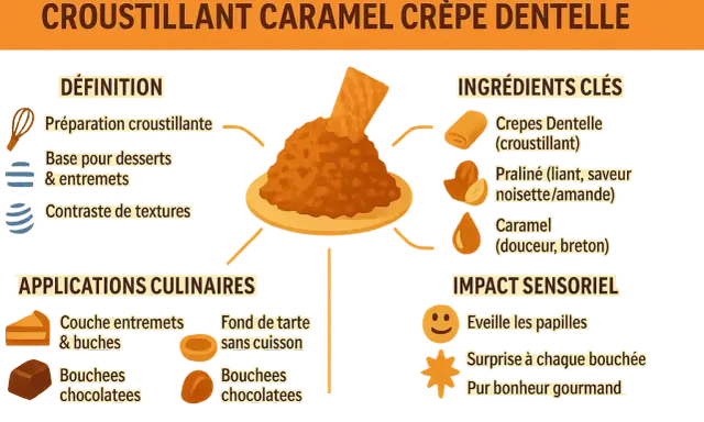 Un croustillant caramel crêpe dentelle, idéal pour desserts et entremets, offrant un contraste de textures.