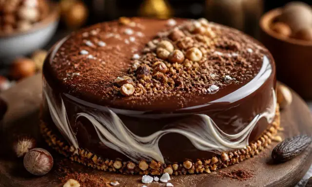 Un magnifique entremet chocolat noisette, glacé et décoré de noisettes croquantes et de cacao. Un délice visuel et gustatif.