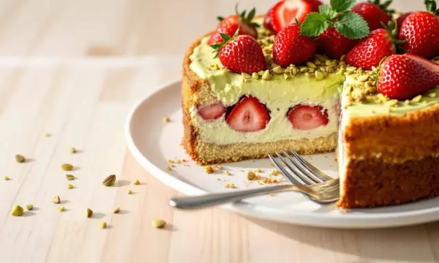 Gâteau fraisier pistache, garni de fraises fraîches et de pistaches concassées. Une part est coupée, révélant des rondelles de fraises à l'intérieur.