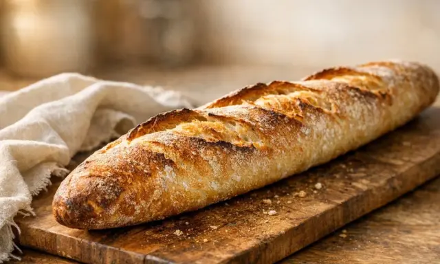 Une belle baguette dorée sur une planche en bois. On pourrait la mettre au frigo pour le conserver, mais elle sera meilleure dégustée fraîche.