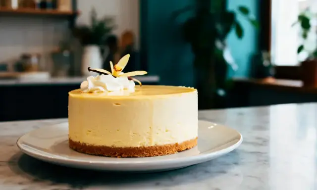 Gâteau rond et crémeux, une délicieuse mousse vanille sur une base biscuitée, couronné de chantilly et d'une fleur de vanille.