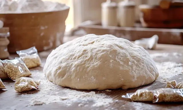 Pâte à brioche sur une table en bois, entourée de sachets de levure. Idéal pour savoir comment rattraper une pâte à brioche qui ne monte pas.