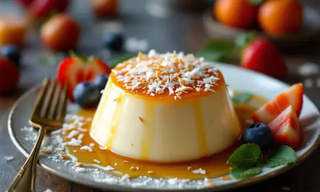 Un délicieux flan coco, nappé de caramel et garni de noix de coco râpée, servi avec des fraises et des myrtilles.